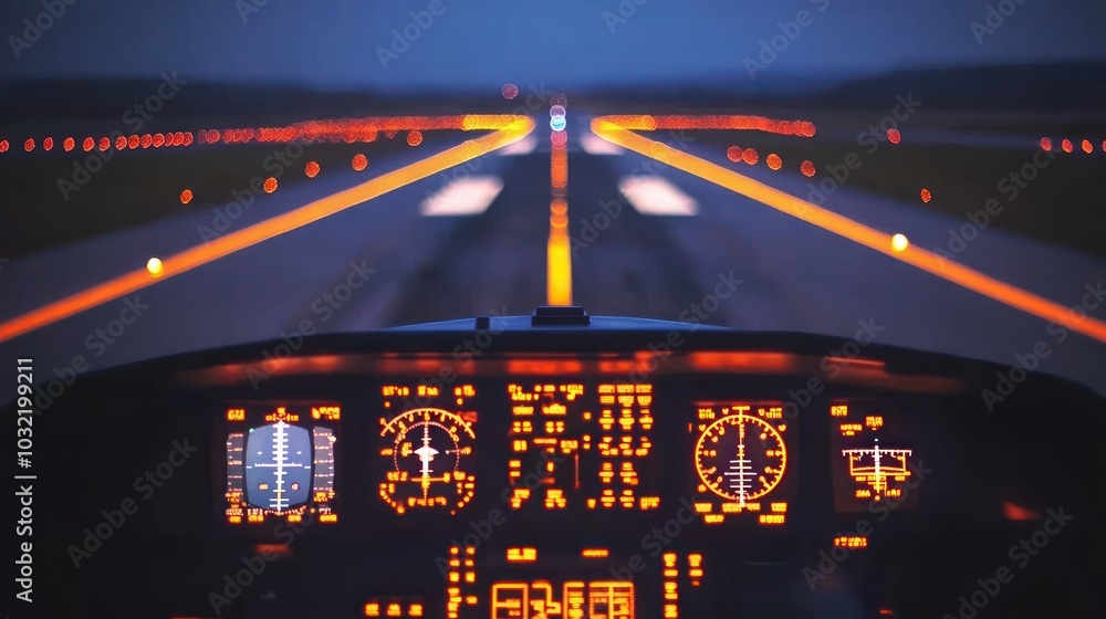 Poster a pilot's view of the runway at night with the cockpit dashboard illuminated.