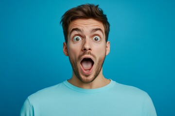 Portrait of young happy positive excited crazy shocked amazed man see big sale isolated on blue color background, Generative AI