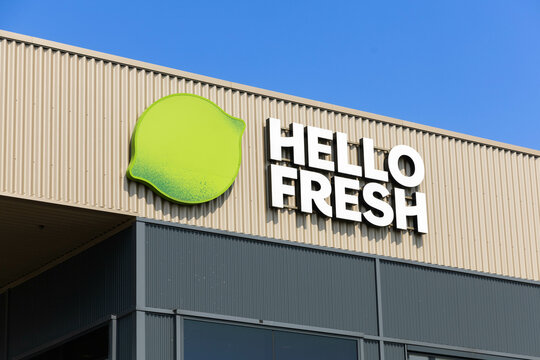 Hello Fresh logo sign on the distribution center in Bleiswijk. HelloFresh is an internationally operating company that delivers meal boxes to your home. Bleiswijk, the Netherlands. 1 May 2024. 