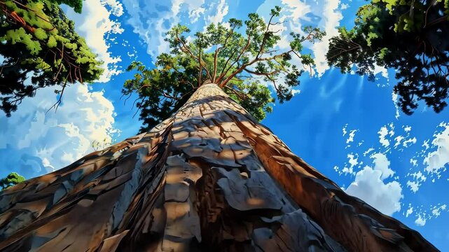 Majestic sequoia tree viewed from below against a vibrant blue sky.