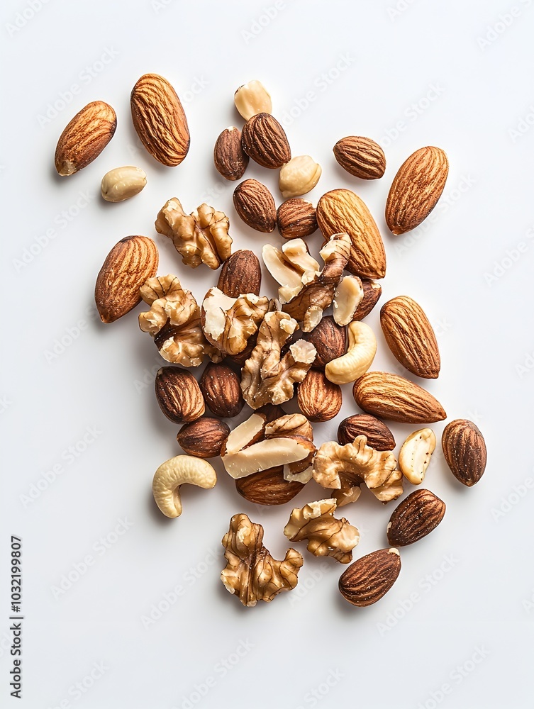Poster assorted nuts scattered on a plain white background with copy space
