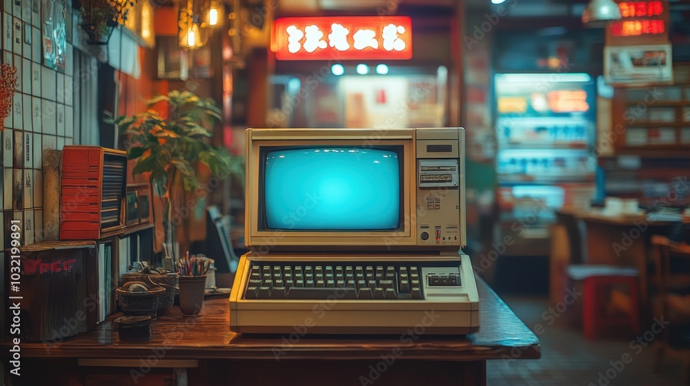 Poster a vintage beige computer sits on a wooden table in a dimly lit room. the monitor is displaying a blu
