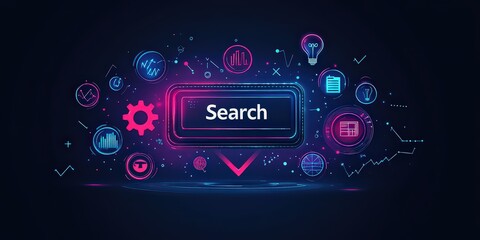  Neon search icon surrounded by digital symbols symbolizing modern technology, innovation, and internet usage in dark futuristic style.
