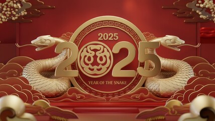 2025 Year of the Snake design with gold accents on a vibrant red background.