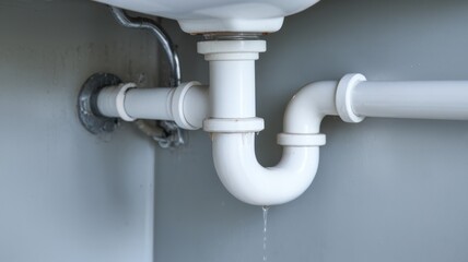 White PVC plumbing pipes with a slight water leak, against a gray background.