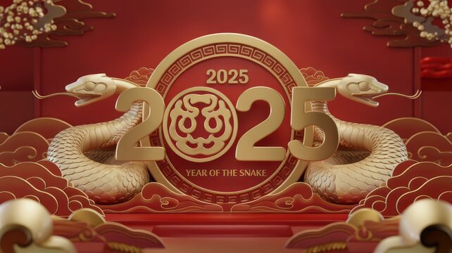 2025 Year of the Snake design with gold accents on a vibrant red background.