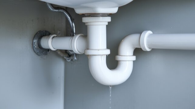 White PVC plumbing pipes with a slight water leak, against a gray background.