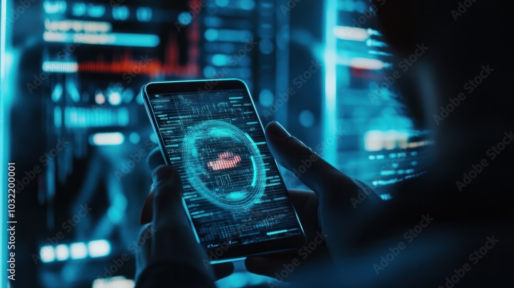 Poster person holding smartphone with digital hologram icon of a user profile in a futuristic tech interfac