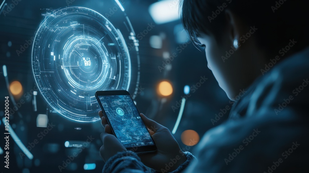 Poster person holding smartphone with digital hologram icon of a user profile in a futuristic tech interfac
