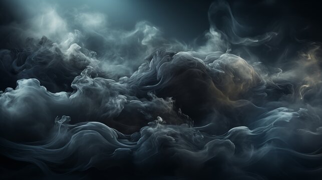 Mystical mist. Swirling smoke in dark and light symphony. Fluid fantasia. Abstract dance of fog and light on floor with black background