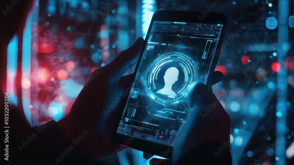 Poster person holding smartphone with digital hologram icon of a user profile in a futuristic tech interfac