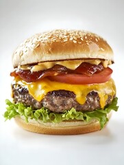 Gourmet Cheeseburger with Lettuce Tomato and Melted Cheese on White Background
