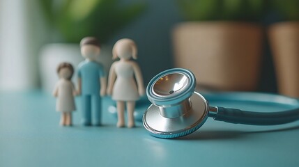 Aerial perspective of stethoscope resting on a bright cyan surface accompanied by 3D family icons...