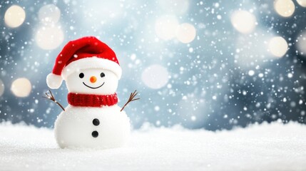 Snowman wearing a red Santa hat, happily waving in a snowy landscape, bringing a festive touch to the wintry scene.
