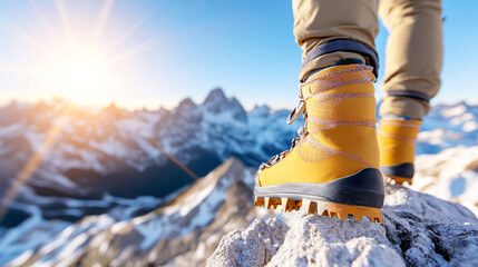 Feet of a climber in boots standing on a rocky mountain landscape, with a beautiful view of the mountains in the background.