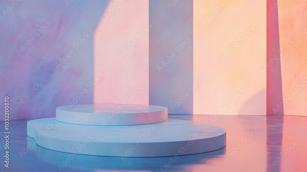 Poster A circular stage is positioned in a minimalist space, featuring soft pastel tones on the walls that blend harmoniously. Gentle lighting highlights the curves and shapes, creating a serene atmosphere.
