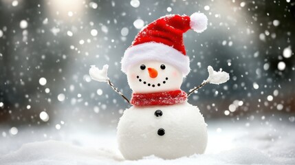 Snowman with a big red Santa hat, waving in a cheerful snowy landscape, capturing the essence of holiday magic