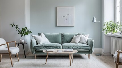 A stylish living room interior with a green sofa, a coffee table, a plant and a window.