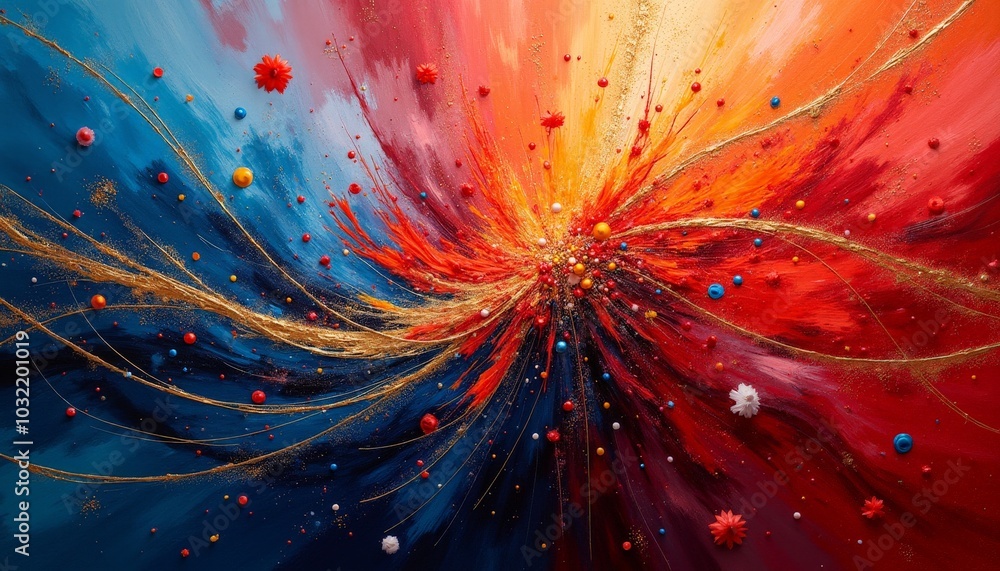 Poster a mesmerizing display of swirling colors unfolds, where bold reds and deep blues collide, creating a