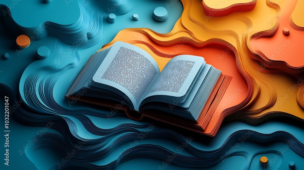 Poster abstract 3d world book day illustration with paper cut elements showing an open book in bright gradi