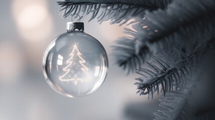 Glass ornament hanging from a Christmas tree branch, soft focus background.