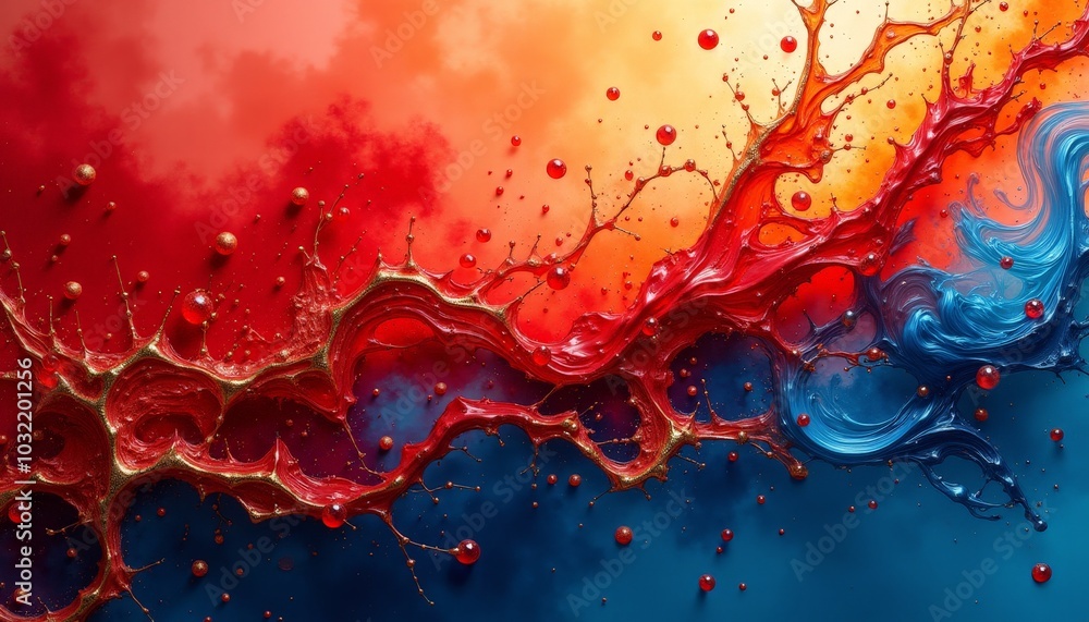 Poster swirling streams of vivid red and deep blue blend and collide, creating a mesmerizing dance of color
