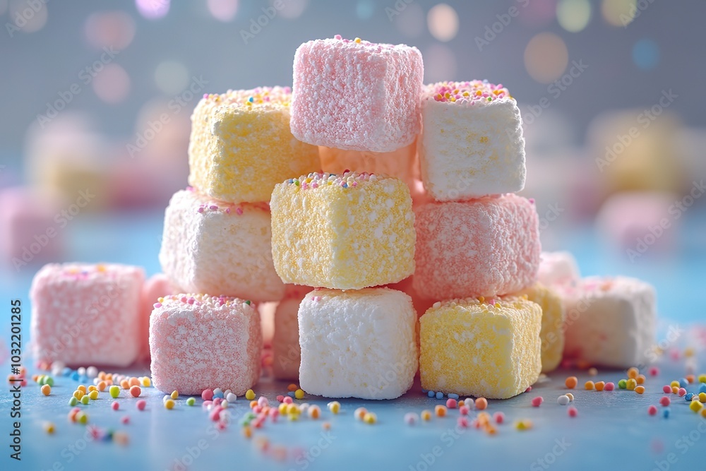 Poster a stack of colorful marshmallows with sprinkles on top