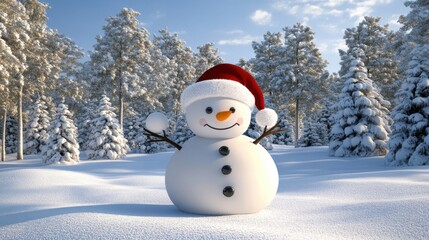 Obraz premium Snowman with a Santa hat, joyfully holding a snowball, standing in front of a snowy forest, capturing the magic of winter, 3D illustration