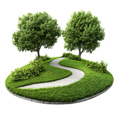 serene landscape featuring winding path surrounded by lush greenery and two vibrant trees. This tranquil scene invites relaxation and connection with nature