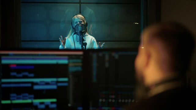 Male studio engineer showing OK symbol to woman singer in recording studio. Professional musicians working together in modern record label, creating new single for music album, talented people team