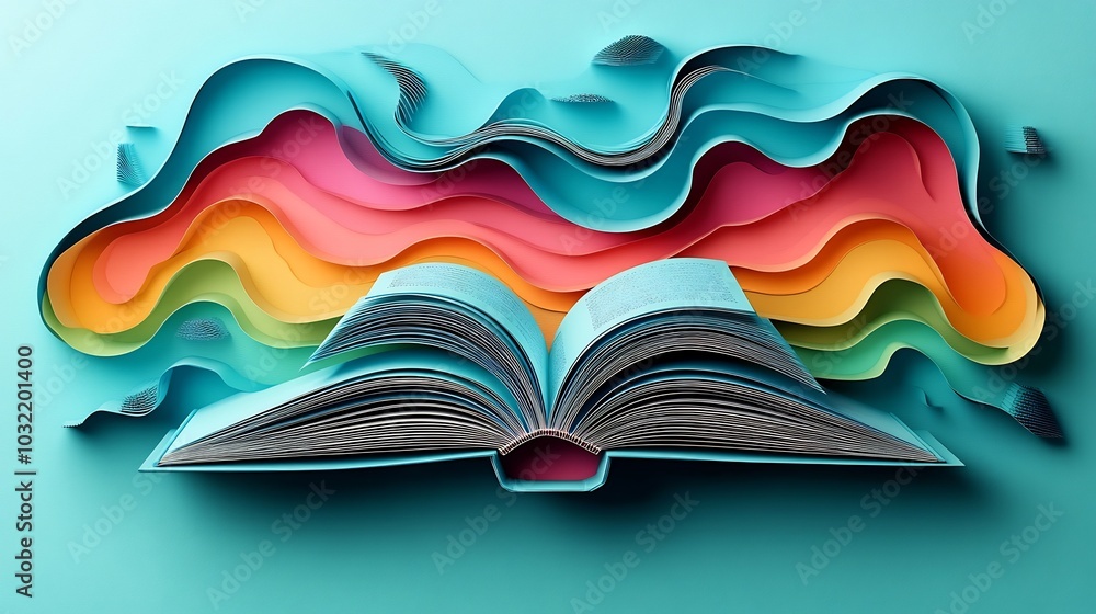 Poster abstract 3d world book day illustration with paper cut elements showing an open book in bright gradi