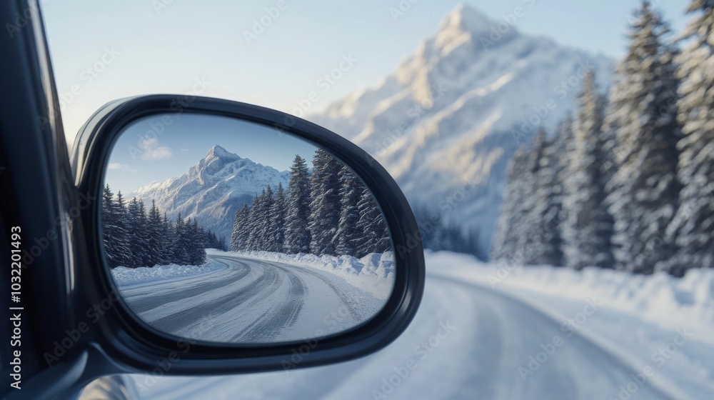 Poster a car travels along a winding, snowy road with a mountain range reflected in the side mirror. the ro