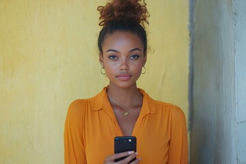 African american woman using her mobile phone, holding a gadget in her hands ,looking into the camera ,full length ,copy space, Generative AI
