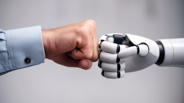 Human and robot fist bump, symbolizing teamwork and innovation.
