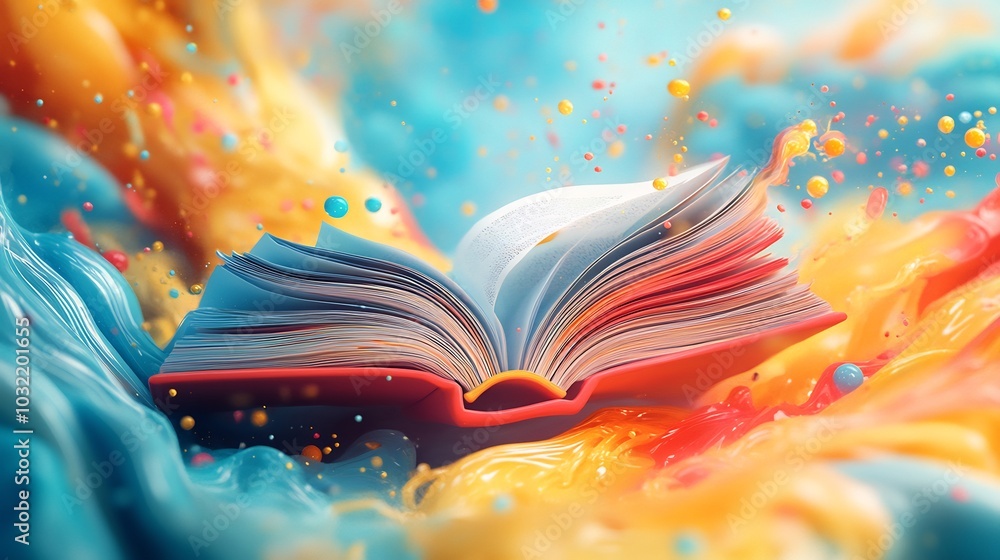 Poster abstract representation for world book day showcasing a floating open book with vibrant swirling col