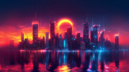 Fototapeta premium A glowing neon skyline in a cyberpunk city at twilight, featuring towering buildings and a high-contrast scene filled with futuristic elements and deep shadows.