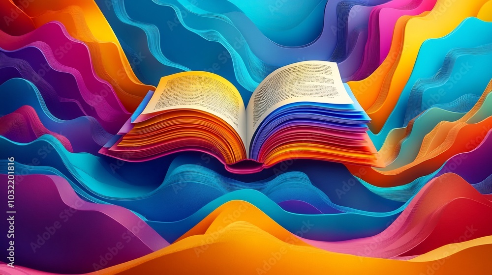 Poster abstract representation for world book day showcasing a floating open book with vibrant swirling col