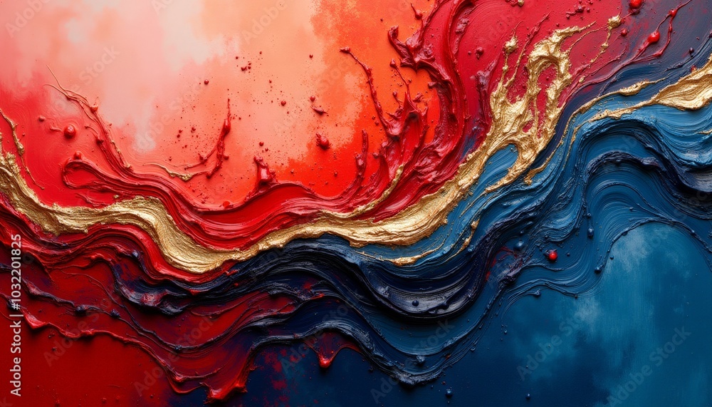 Poster vivid hues of red and blue intertwine with shimmering gold, creating a captivating abstract design t