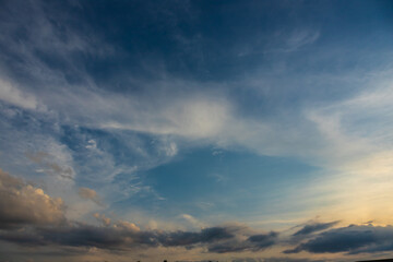 Horizon panorama and dramatic twilight sky and cloud sunset background. Natural sky background texture, beautiful color. Dark clouds, big storm and rain. Weather and nature concept