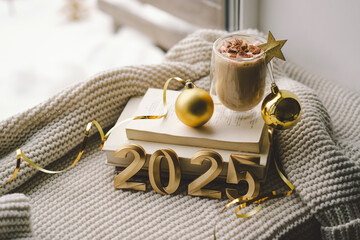Golden numerals reading 2025 are surrounded by festive decorations, including stars and ornaments, in preparation for a New Year's celebration. Happy new year 2025.