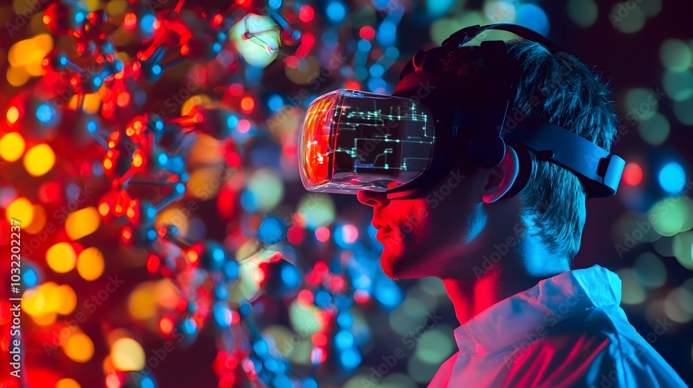 Poster scientist exploring molecular models with futuristic virtual reality technology