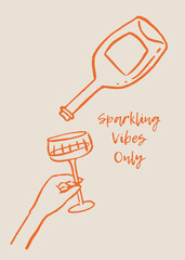 Vector hand painted trendy Italian wine glasses and bottle outline illustration print. Elegant flat minimalist hand drawn modern art poster composition