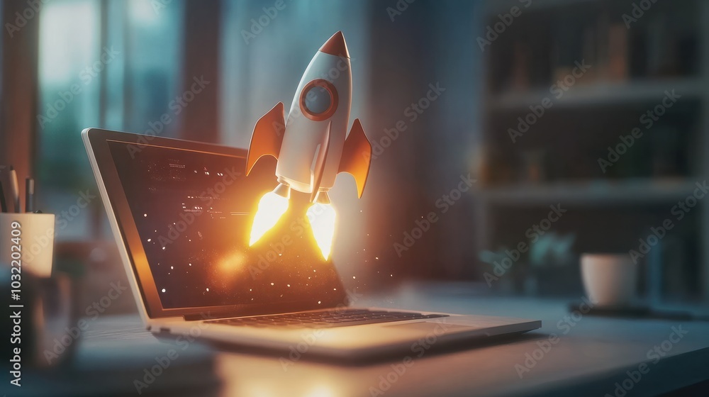 Poster rocket launch from laptop on office table to fly up in air. business startup new idea project develo