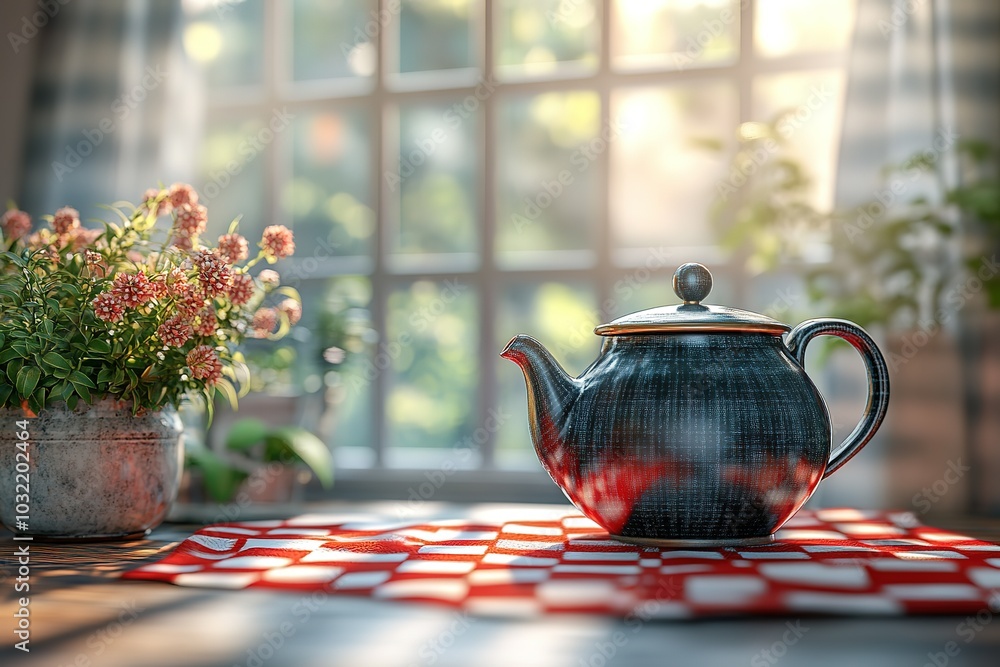 Poster a teapot sits on a red and white checkered tablecloth in front of a window