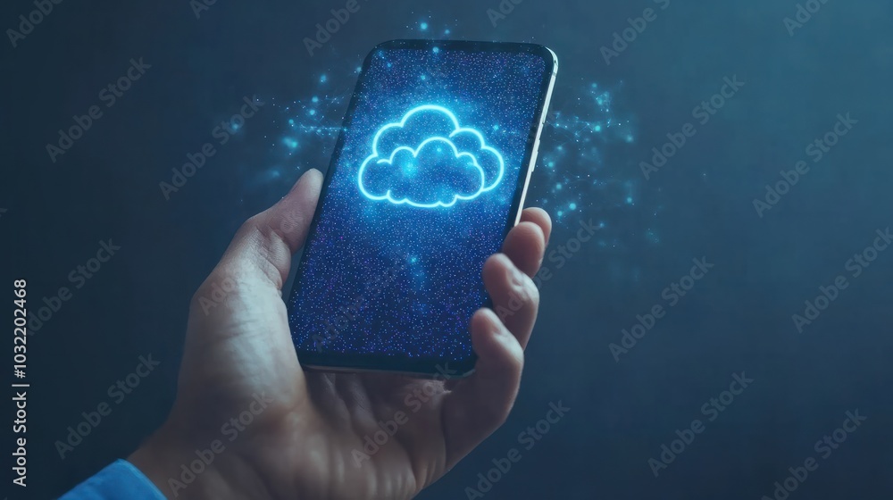 Poster secure cloud computing: hand holding a smartphone with holographic cloud icons, depicting the integr