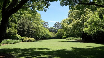 Obraz premium Serene Open Park with Lush Green Trees and Blue Sky