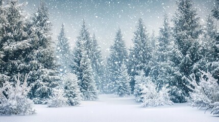 A snowy forest with tall evergreen trees covered in a blanket of fresh snow.
