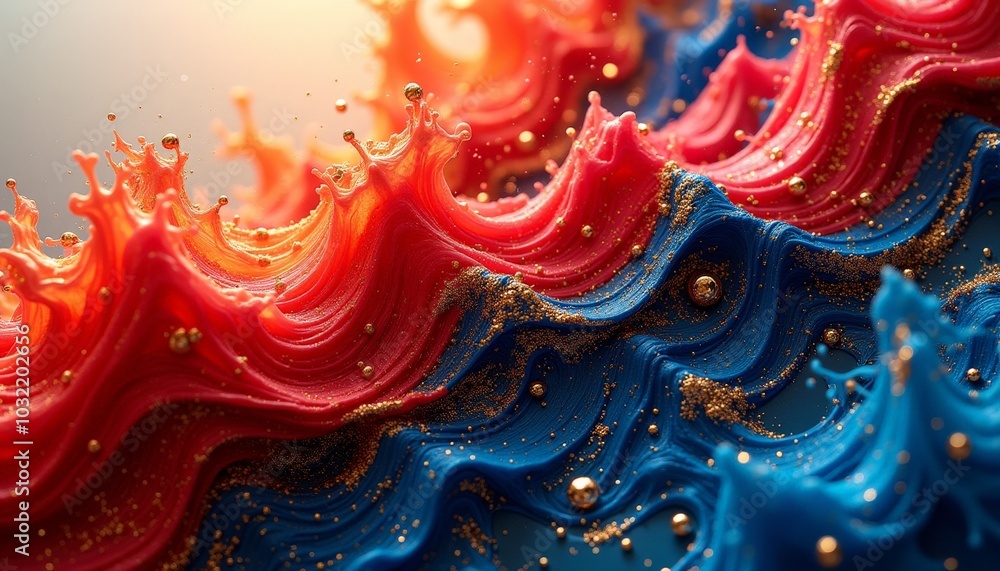 Poster in a striking display of artistic creativity, vibrant red and blue hues swirl together, creating dyn