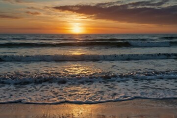 Serene Ocean Sunset with Vibrant Colors - Peaceful Waves and Dramatic Sky