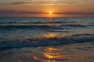Obraz premium Serene Ocean Sunset with Vibrant Colors - Peaceful Waves and Dramatic Sky